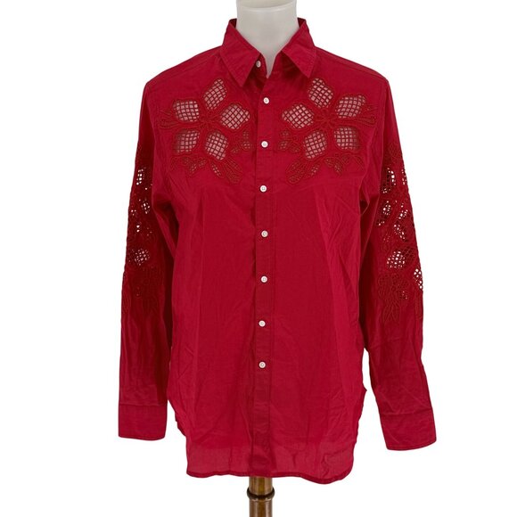 Dear John Tops - Dear John Womens Red Long Sleeve Button-Up Blouse With Floral Crochet Design Siz